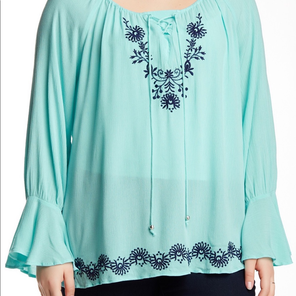 Halo Aqua Splash Embroidered Long Sleeve Ruffle Blouse